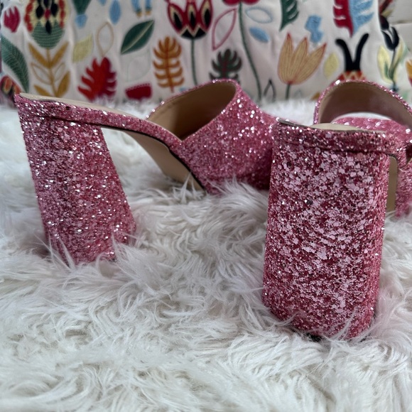 Dolls Kill • Barbie Pink Square Toe Glitter Platform Open Toed Mules - Picture 13 of 14